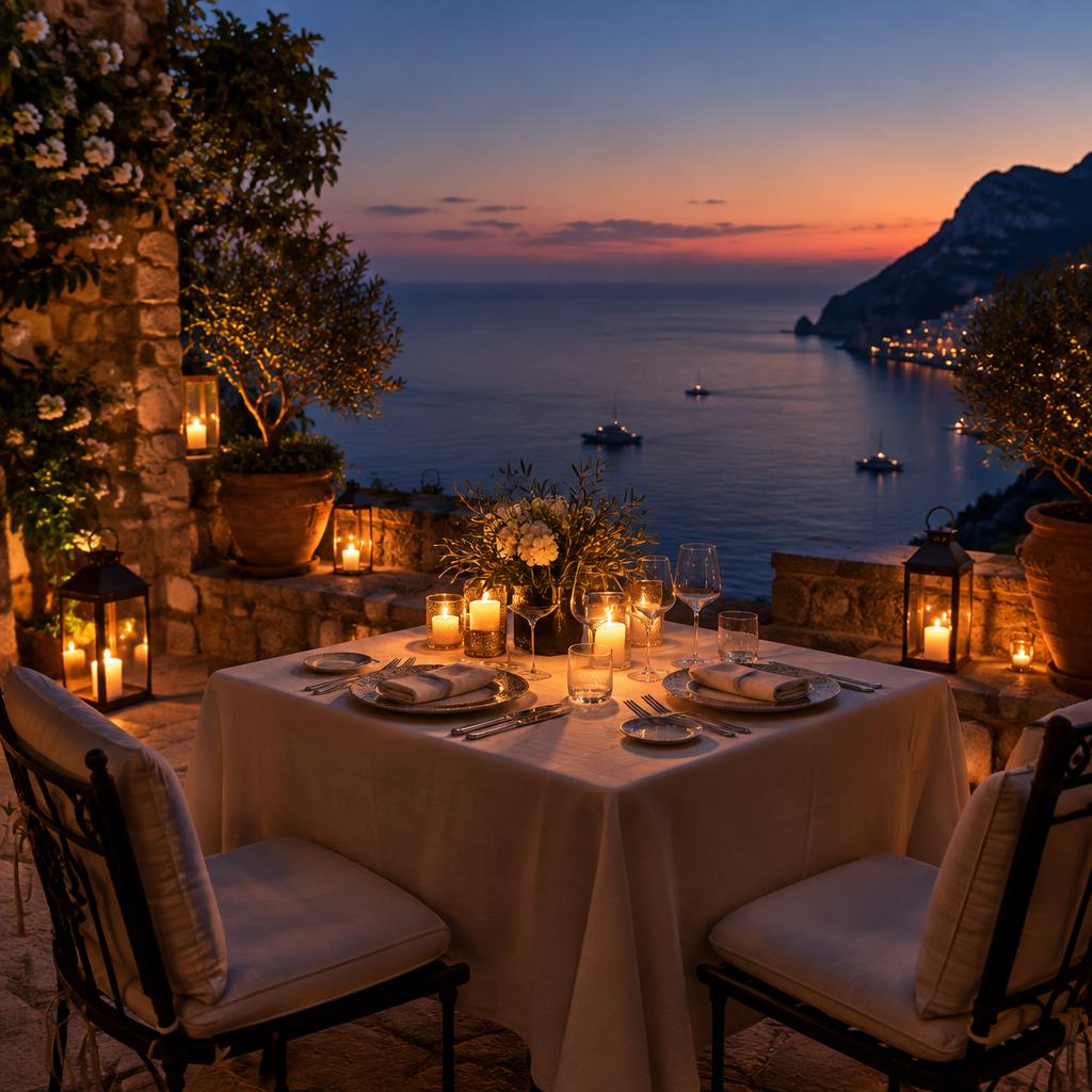 Private candlelit dining table on a stone terrace overlooking the sea
