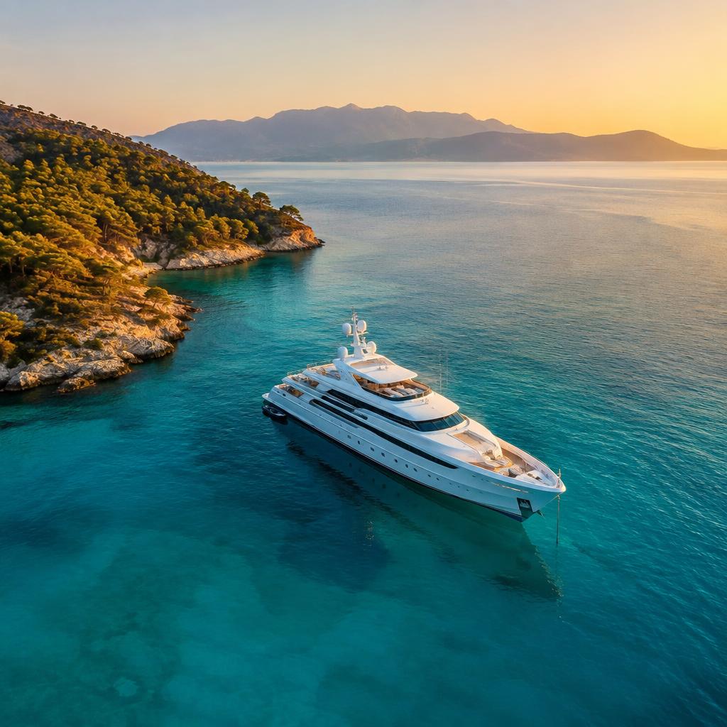 White superyacht anchored in a calm turquoise bay
