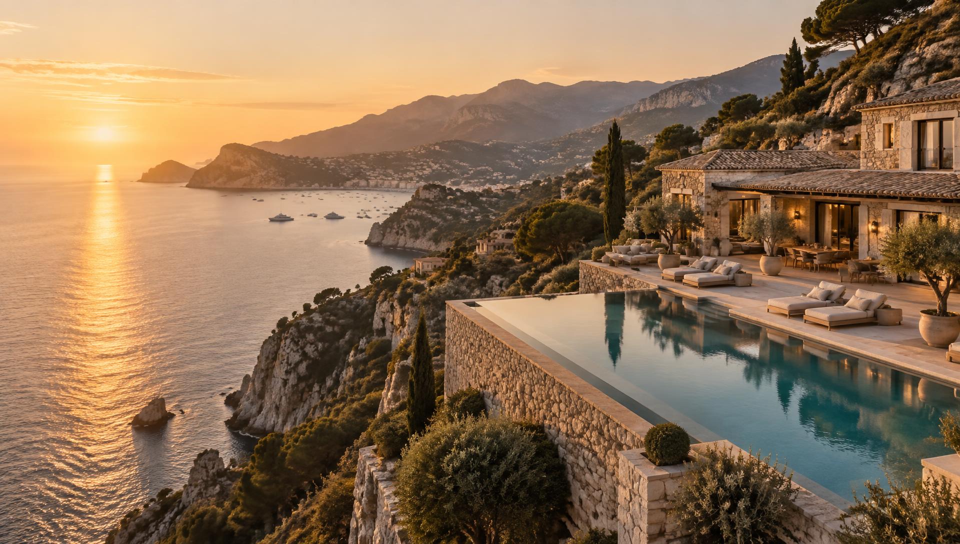 Luxury cliffside estate with infinity pool overlooking the Mediterranean coast at golden hour